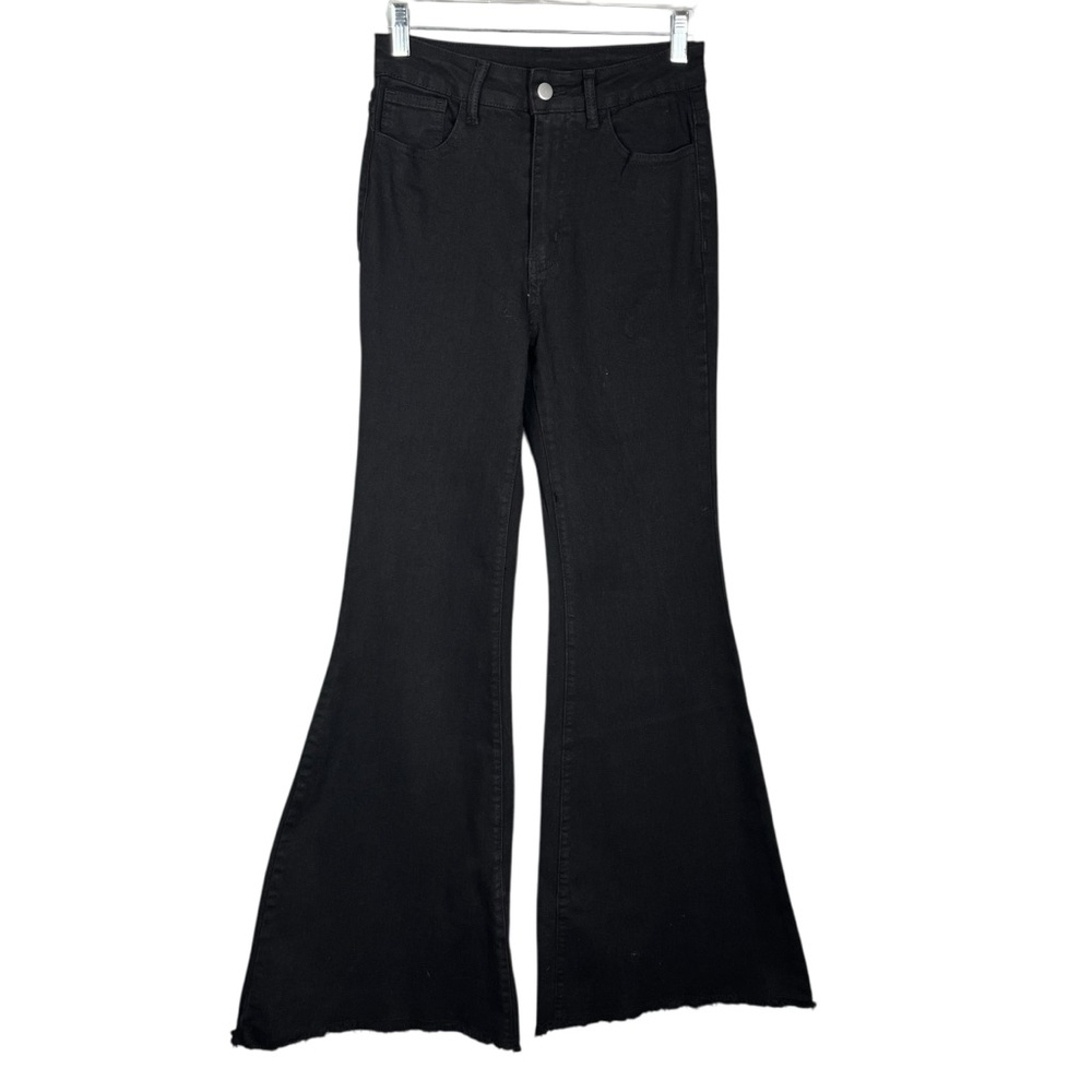 Shein Black Denim High Rise Waisted Flare Jeans Medium M Raw Hem Stretchy Rodeo
